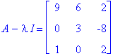 A-I*lambda = matrix([[9, 6, 2], [0, 3, -8], [1, 0, 2]])