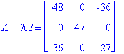 A-I*lambda = matrix([[48, 0, -36], [0, 47, 0], [-36, 0, 27]])