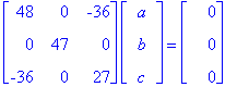 matrix([[48, 0, -36], [0, 47, 0], [-36, 0, 27]])*matrix([[a], [b], [c]]) = matrix([[0], [0], [0]])