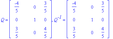 Q = matrix([[-4/5, 0, 3/5], [0, 1, 0], [3/5, 0, 4/5]]), Q^`-1` = matrix([[-4/5, 0, 3/5], [0, 1, 0], [3/5, 0, 4/5]])
