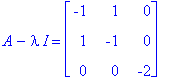 A-I*lambda = matrix([[-1, 1, 0], [1, -1, 0], [0, 0, -2]])