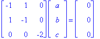 matrix([[-1, 1, 0], [1, -1, 0], [0, 0, -2]])*matrix([[a], [b], [c]]) = matrix([[0], [0], [0]])