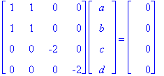 matrix([[1, 1, 0, 0], [1, 1, 0, 0], [0, 0, -2, 0], [0, 0, 0, -2]])*matrix([[a], [b], [c], [d]]) = matrix([[0], [0], [0], [0]])