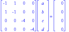 matrix([[-1, 1, 0, 0], [1, -1, 0, 0], [0, 0, -4, 0], [0, 0, 0, -4]])*matrix([[a], [b], [c], [d]]) = matrix([[0], [0], [0], [0]])