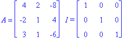 A = matrix([[4, 2, -8], [-2, 1, 4], [3, 1, -6]])*`  I =`*matrix([[1, 0, 0], [0, 1, 0], [0, 0, 1]])