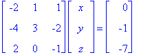 matrix([[-2, 1, 1], [-4, 3, -2], [2, 0, -1]])*matrix([[x], [y], [z]]) = matrix([[0], [-1], [-7]])