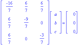 matrix([[-16/7, 6/7, 6/7], [6/7, -9/7, 0], [6/7, 0, -3/7]])*matrix([[a], [b], [c]]) = matrix([[0], [0], [0]])