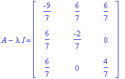 A-I*lambda = matrix([[-9/7, 6/7, 6/7], [6/7, -2/7, 0], [6/7, 0, 4/7]])
