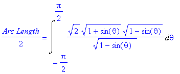 1/2*`Arc Length` = Int(2^(1/2)*(1+sin(theta))^(1/2)*(1-sin(theta))^(1/2)/(1-sin(theta)*``)^(1/2),theta = -1/2*Pi .. 1/2*Pi)