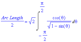 1/2*`Arc Length` = 2^(1/2)*Int(cos(theta)/(1-sin(theta))^(1/2),theta = -1/2*Pi .. 1/2*Pi)