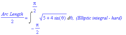 1/2*`Arc Length` = Int((5+4*sin(theta))^(1/2),theta = -1/2*Pi .. 1/2*Pi), ` (Elliptic integral - hard)`