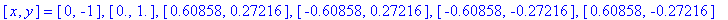 [x, y] = [0, -1], [0., 1.], [.60858, .27216], [-.60858, .27216], [-.60858, -.27216], [.60858, -.27216]