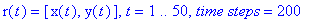 r(t) = [x(t), y(t)], t = 1 .. 50, `time steps` = 200