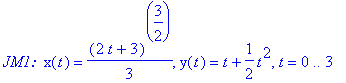 `JM1: `*x(t) = 1/3*(2*t+3)^(3/2), y(t) = t+1/2*t^2, t = 0 .. 3