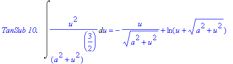 `TanSub 10.  `*Int(u^2/(a^2+u^2)^(3/2),u) = -1/(a^2+u^2)^(1/2)*u+ln(u+(a^2+u^2)^(1/2))