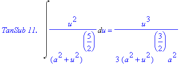 `TanSub 11.  `*Int(u^2/(a^2+u^2)^(5/2),u) = 1/3/(a^2+u^2)^(3/2)/a^2*u^3