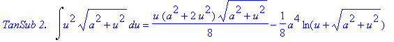 `TanSub 2.  `*Int(u^2*(a^2+u^2)^(1/2),u) = 1/8*u*(a^2+2*u^2)*(a^2+u^2)^(1/2)-1/8*a^4*ln(u+(a^2+u^2)^(1/2))