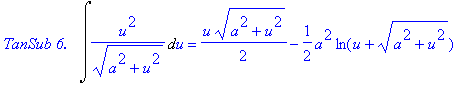 `TanSub 6.  `*Int(u^2/(a^2+u^2)^(1/2),u) = 1/2*u*(a^2+u^2)^(1/2)-1/2*a^2*ln(u+(a^2+u^2)^(1/2))