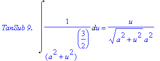 `TanSub 9.  `*Int(1/((a^2+u^2)^(3/2)),u) = 1/(a^2+u^2)^(1/2)/a^2*u