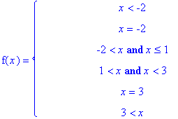 f(x) = PIECEWISE([`            `, x < -2],[`            `, x = -2],[`            `, -2 < x and x <= 1],[`            `, 1 < x and x < 3],[`            `, x = 3],[`            `, 3 < x])
