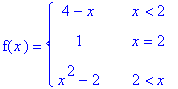 f(x) = PIECEWISE([4-x, x < 2],[1, x = 2],[x^2-2, 2 < x])