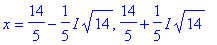 x = 14/5-1/5*I*14^(1/2), 14/5+1/5*I*14^(1/2)