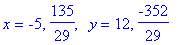 x = -5, 135/29, ` `*y = 12, -352/29