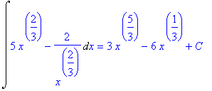 Int(5*x^(2/3)-2/x^(2/3),x) = 3*x^(5/3)-6*x^(1/3)+C