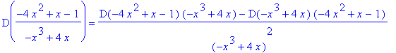 D((-4*x^2+x-1)/(-x^3+4*x)) = (D(-4*x^2+x-1)*(-x^3+4*x)-D(-x^3+4*x)*(-4*x^2+x-1))/(-x^3+4*x)^2