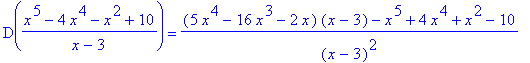 D((x^5-4*x^4-x^2+10)/(x-3)) = ((5*x^4-16*x^3-2*x)*(x-3)-x^5+4*x^4+x^2-10)/(x-3)^2