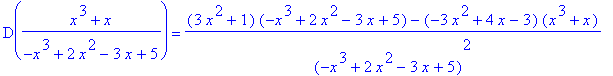 D((x^3+x)/(-x^3+2*x^2-3*x+5)) = ((3*x^2+1)*(-x^3+2*x^2-3*x+5)-(-3*x^2+4*x-3)*(x^3+x))/(-x^3+2*x^2-3*x+5)^2