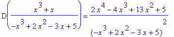 D((x^3+x)/(-x^3+2*x^2-3*x+5)) = (2*x^4-4*x^3+13*x^2+5)/(-x^3+2*x^2-3*x+5)^2
