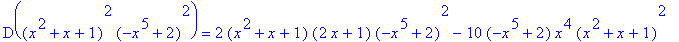 D((x^2+x+1)^2*(-x^5+2)^2) = 2*(x^2+x+1)*(2*x+1)*(-x^5+2)^2-10*(-x^5+2)*x^4*(x^2+x+1)^2