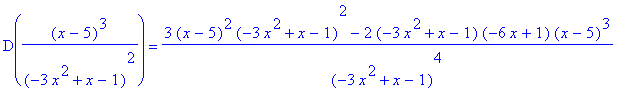 D((x-5)^3/(-3*x^2+x-1)^2) = (3*(x-5)^2*(-3*x^2+x-1)^2-2*(-3*x^2+x-1)*(-6*x+1)*(x-5)^3)/(-3*x^2+x-1)^4