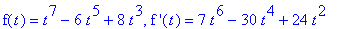 f(t) = t^7-6*t^5+8*t^3, `f '`(t) = 7*t^6-30*t^4+24*t^2